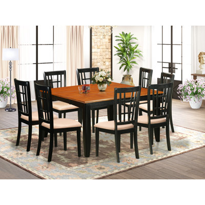 9 Piece Dining Table Set Includes a Square Dining Room Table with Butterfly Leaf and 8 Linen Fabric Upholstered Chairs, 54x54 Inch, Black & Cherry