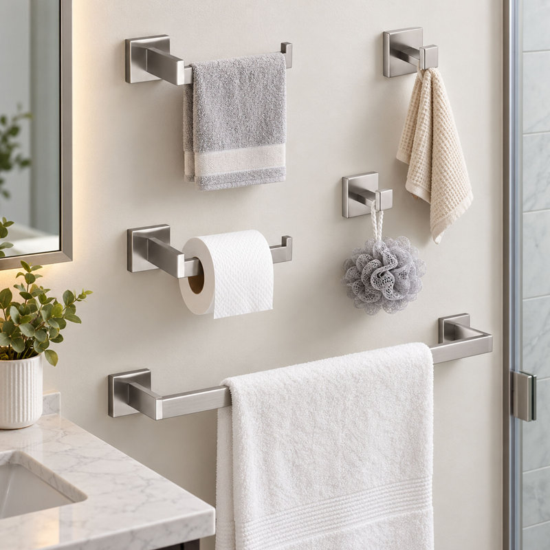5 Piece Wall-Mounted Bathroom Hardware Set with Concealed Mounting