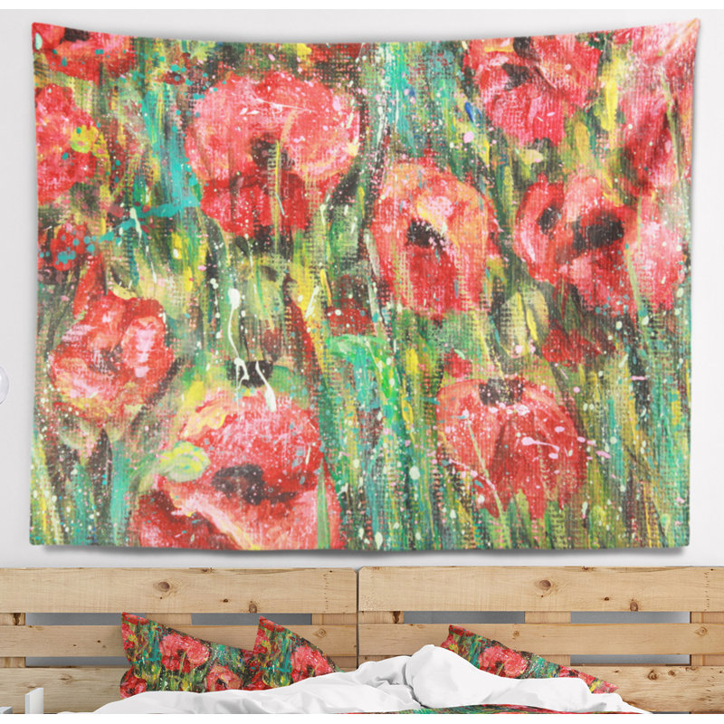 Tapisserie florale, coquelicots rouges, H 32 po x l 39 po