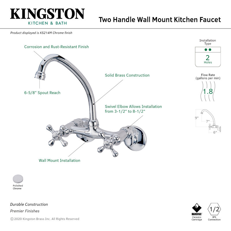 Kingston Brass Kingston Double-Handle 2-Hole Wall-Mount Bridge Kitchen Faucet
