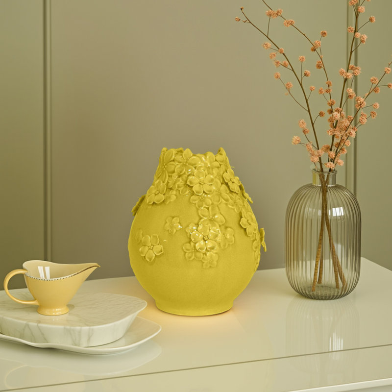 Vase de fleurs Remi, céramique décorative turquoise avec motifs floraux 11 pouces, Jaune