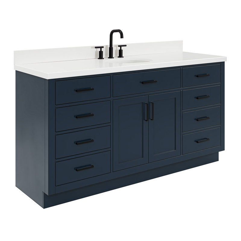 Meuble-lavabo simple en bois massif 66 po avec plateau en quartz blanc Thornaby, Bleu minuit, Ovale
