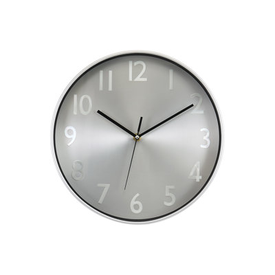 Horloge, horloge murale ronde 12 po, cadran argenté, cadre argenté, contemporain, moderne