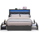 LED Bed Frame Full Size, 37.1/39.6 Inches, with Headboard and 4 Drawers, 1 USB Port and 1 Type C Port, Adjustable Upholstered Headboard, No Box Spring Needed, Dark Gray