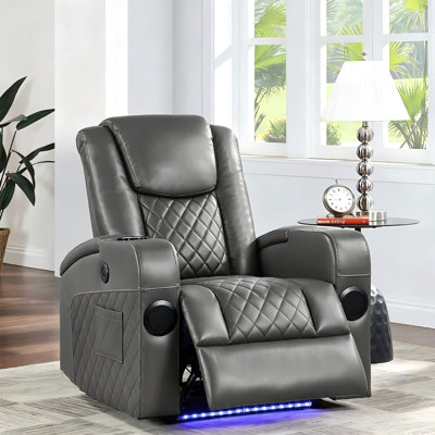 Fauteuil inclinable électrique pour cinéma maison en similicuir gris foncé avec porte-gobelet, haut-parleur Bluetooth et chargeur sans fil