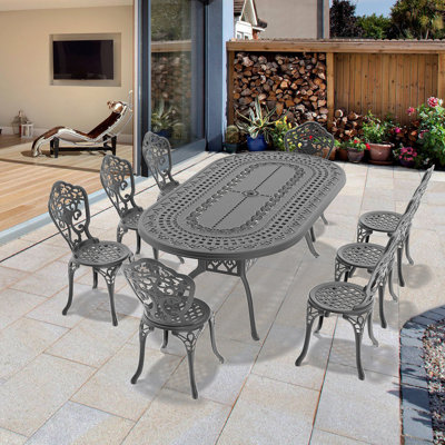 Ensemble 9 pièces de mobilier de salle à manger en aluminium coulé résistant aux intempéries avec cadre noir