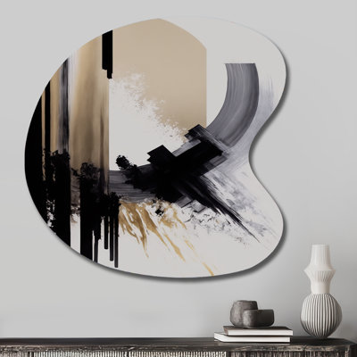 Art mural noir, blanc et doré Expression IV - forme irrégulière abstraite en métal pour le salon, reproduction d'art asymétrique noire