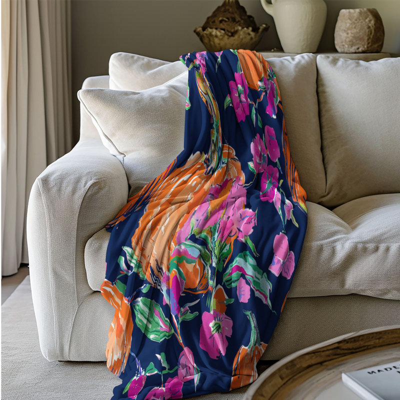 Motif de balise maritime - 1 pièce Sherpa Premium, L 50 po x L 60 po, Fleurs de citrouille à la mode
