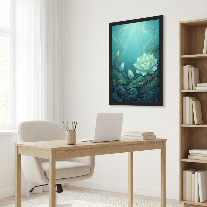 Art sur toile, fleurs de lotus turquoise avec contours dorés et phases de lune, 18"H x 12"W