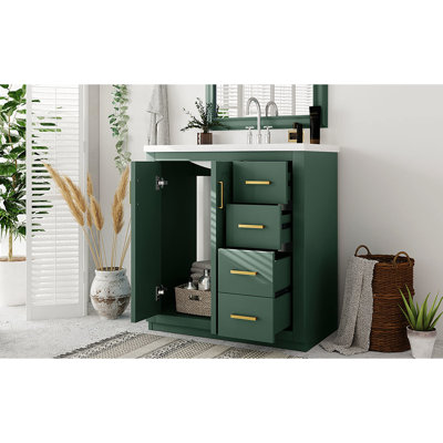 Meuble-lavabo de 30 po avec cadre en bois massif, charnières, planches, rangement spacieux pour les articles de toilette, style rétro et produits uniques à motif de rainures,
