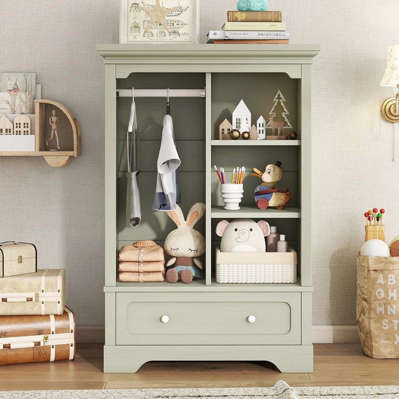 Garde-robe ouverte pour enfants avec une tringle suspendue et des tablettes ouvertes, un grand tiroir, une conception basse près du sol pour un accès facile