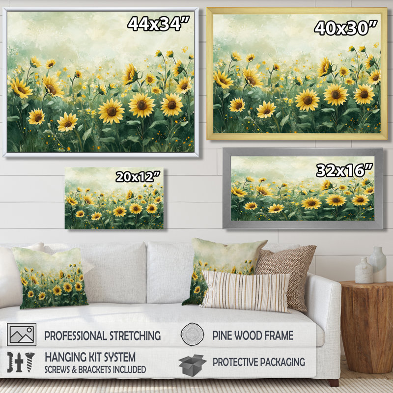 Dorce Summer Sunflower Meadow In Canada - Tournesols, art mural, Reproduction encadrée d'une seule photo, H 16 po x l 32 po