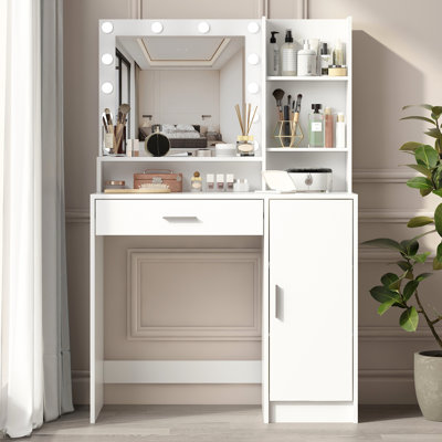 Bureau de coiffeuse avec miroir et lumière, commode de rangement à trois niveaux avec grand tiroir, 3 modes d'éclairage à luminosité réglable, coiffeuse de chambre à coucher