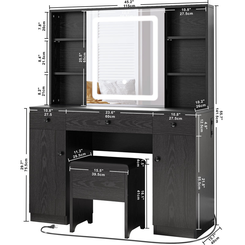 Kimrey Vanity Desk with Llight Sliding Mirror and 7 Drawers,  Makeup Vanity Table Set for Bedroom