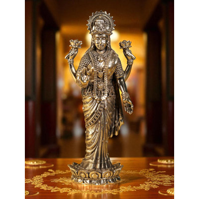 Superfine Brass Lakshmi Statue – Standing on Lotus, Artisanal Hindu Goddess Sculpture, Antique Gold Finish, 15" Tall, Home Temple & Décor