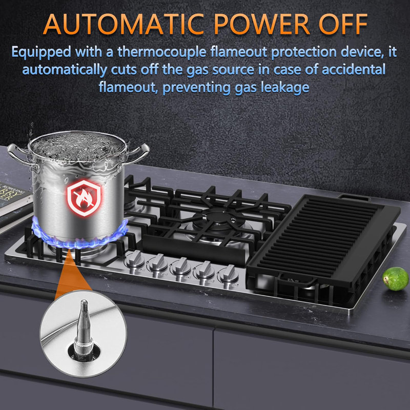Plaque de cuisson au gaz à double combustible en acier inoxydable de 36 pouces avec plaque chauffante
