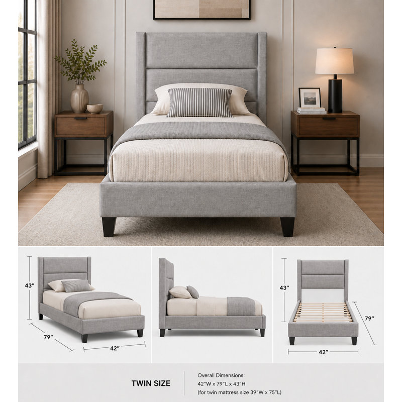 Lit plateforme tapissier avec tête de lit capitonnée à rainure horizontale, contemporain, lin gris, simple, Simple