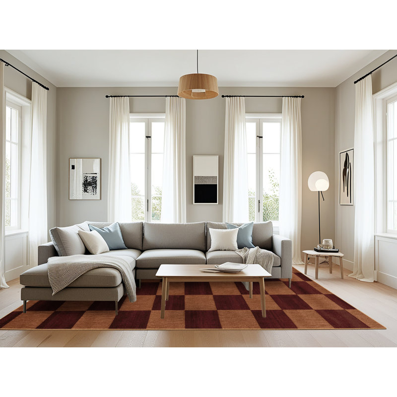 Tapis brun à carreaux lavable à la machine, Rectangle 8 pi x 12 pi