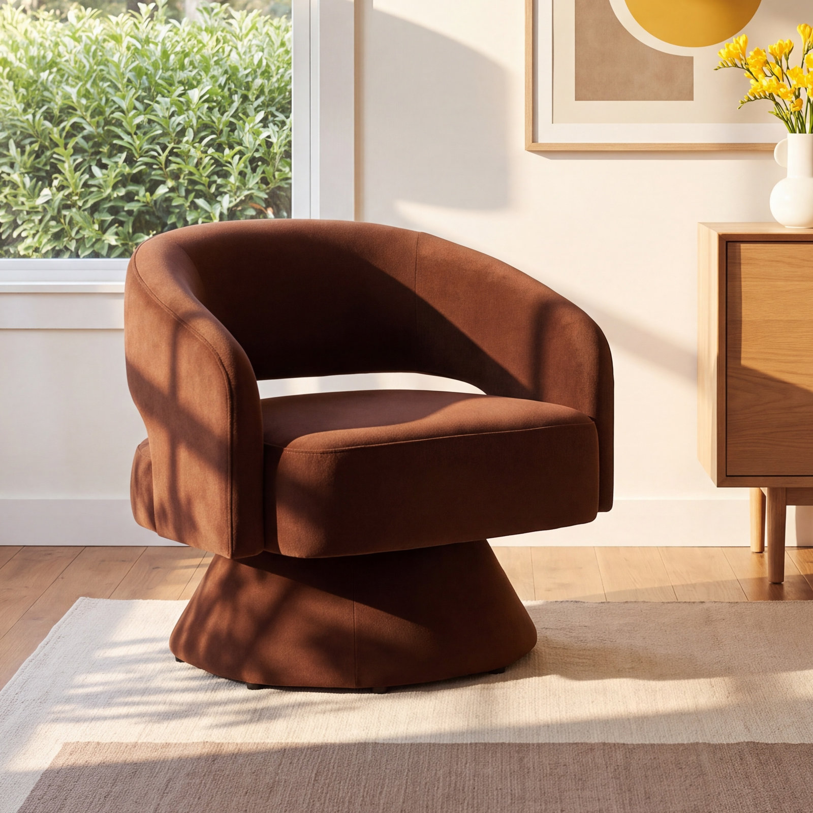 Bhupendra Swivel Barrel Chair, Rust Velvet