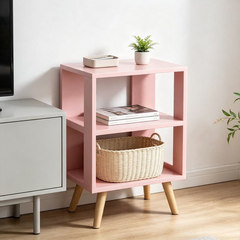 Table de chevet avec rangement ouvert pour enfants et adultes, table de chevet moderne à 2 niveaux avec bois aggloméré et pieds robustes, table de bout compacte pour petits espaces, salon, chambre à coucher, chambre de bébé et bureau, finition rose