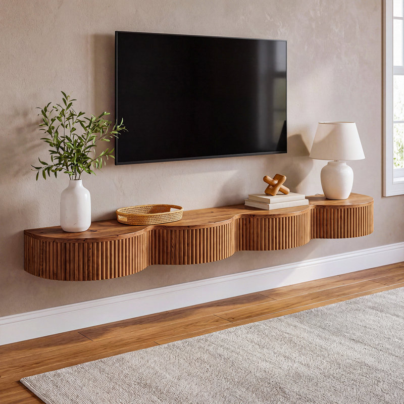 Meuble TV mural flottant en bois massif de 70,87 pouces pour téléviseurs jusqu'à 80 pouces, console multimédia ondulée