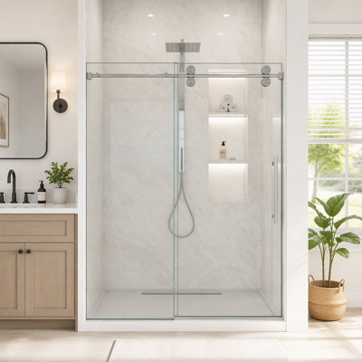 Frameless Single Sliding Shower Door – 5/16" (8mm) Clear Tempered Glass, Bypass Design