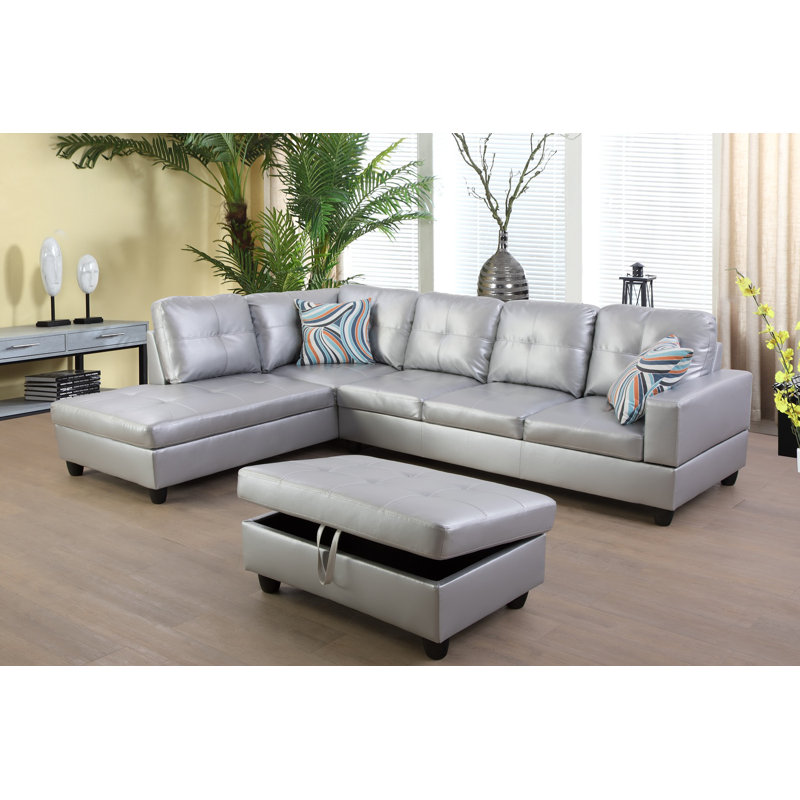 Brevard Faux Leather L-Shaped Sectional, Left Hand Facing, Shiny Silver