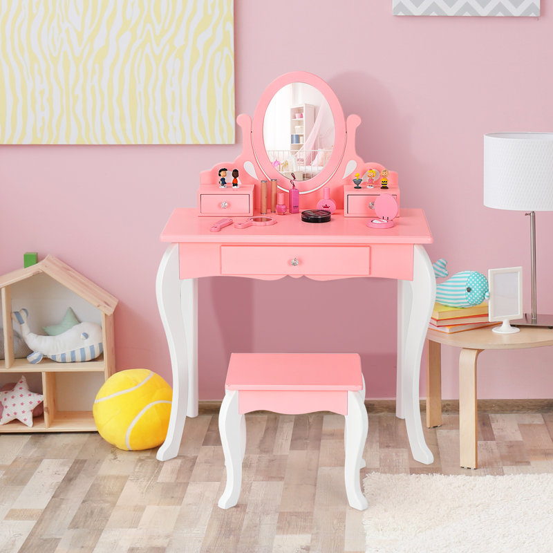 Taren Dressing Table with Mirror, White/Pink