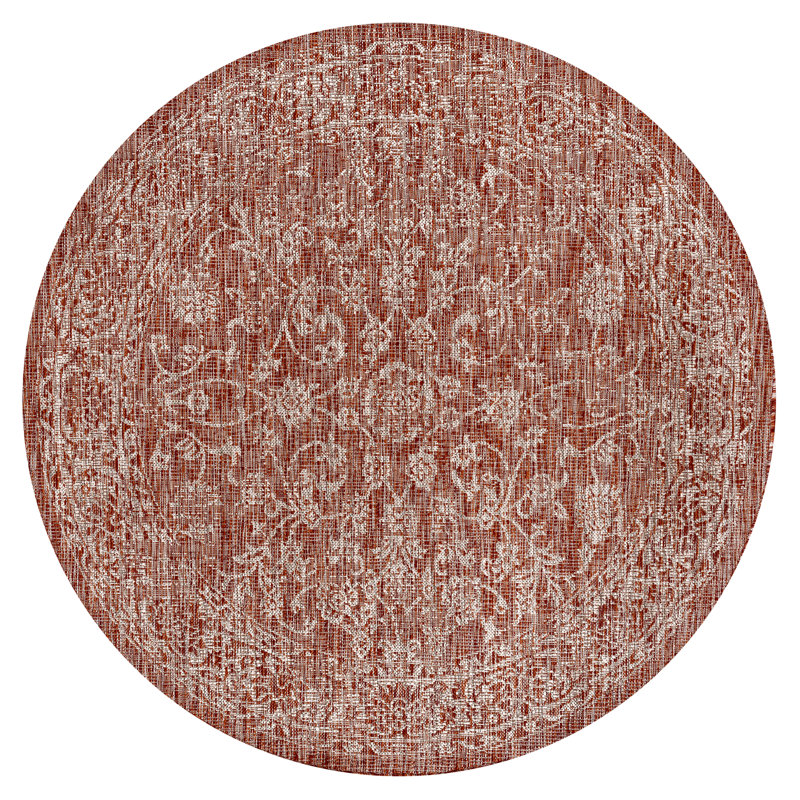 Leonora Bohemian Textured Weave Floral Red/Taupe Indoor/Outdoor Rug, Round 5'3"