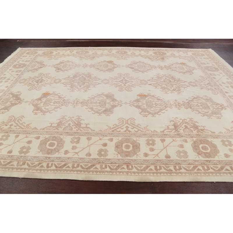Tapis décoratif en laine de conception unique noué à la main New Age Oushak Ivoire 8 pi 2 po x 11 pi 8 po