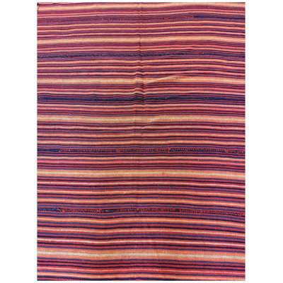 Tapis Kilim turc moderne à rayures multicolores des années 1950, tissé à plat, petit format (150 x 178 cm).