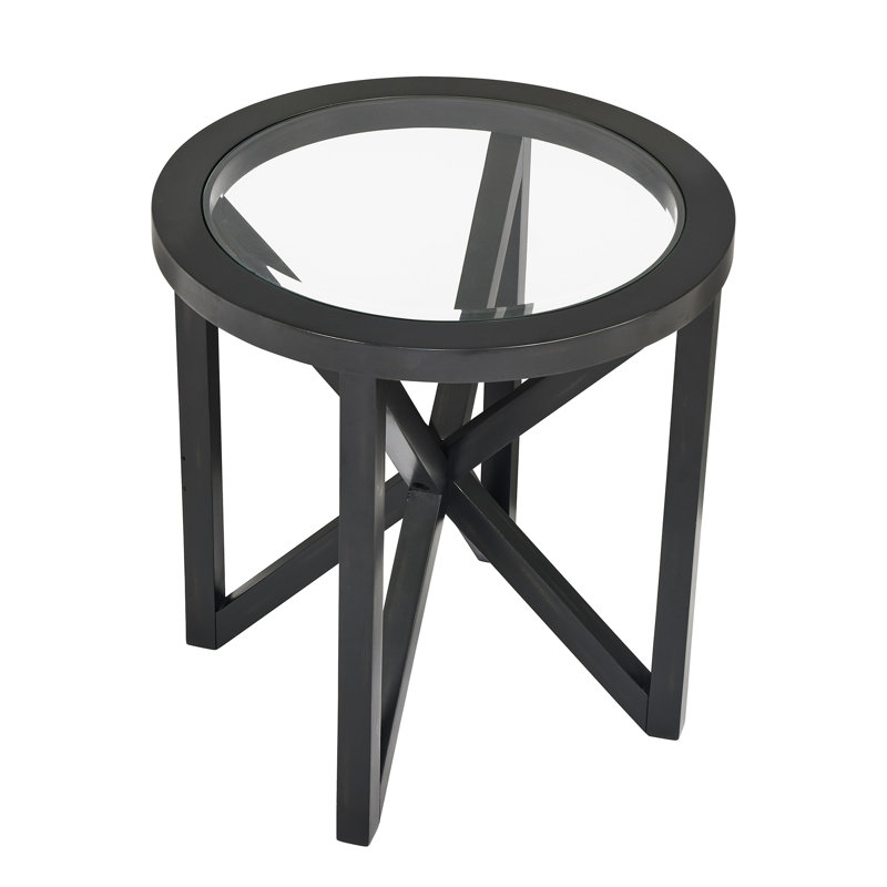 Glass Coffee Table with Solid Wood Base, Black, 22.62" H x 22.13" W x 22.13" D