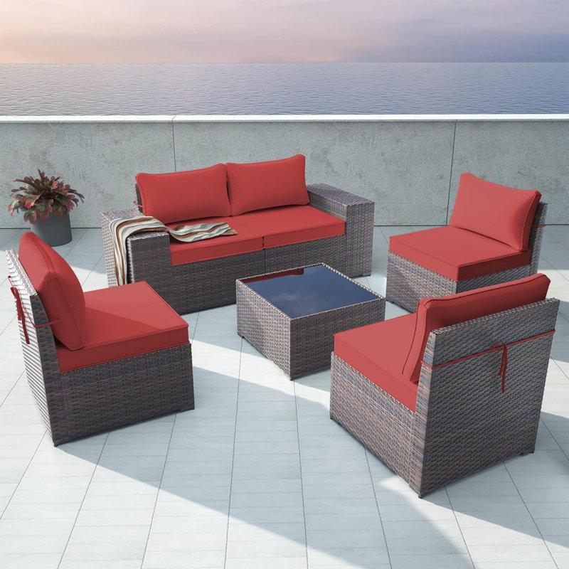 6-Piece All-Weather HDPE Rattan Outdoor Conversation Furniture Set with Cushions, Extra-Wide Armrests & Glass-Top Coffee Table