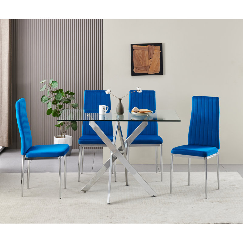 Rexel Dining Table with 4 Monza Velvet Chairs, Blue