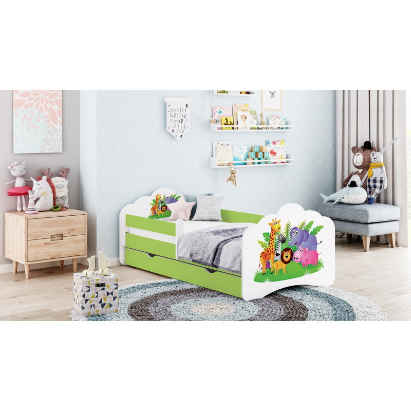 Romolo Cot Bed / Toddler Bed Frame with Drawers, Green, 65 x 80 x 160cm