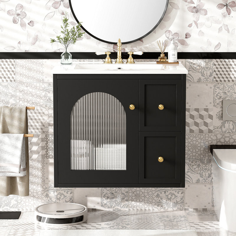 Ensemble de meuble-lavabo mural 24 po pour petit espace, armoire de salle de bain avec lavabo en céramique, 2 tiroirs et 1 porte à fermeture en douceur