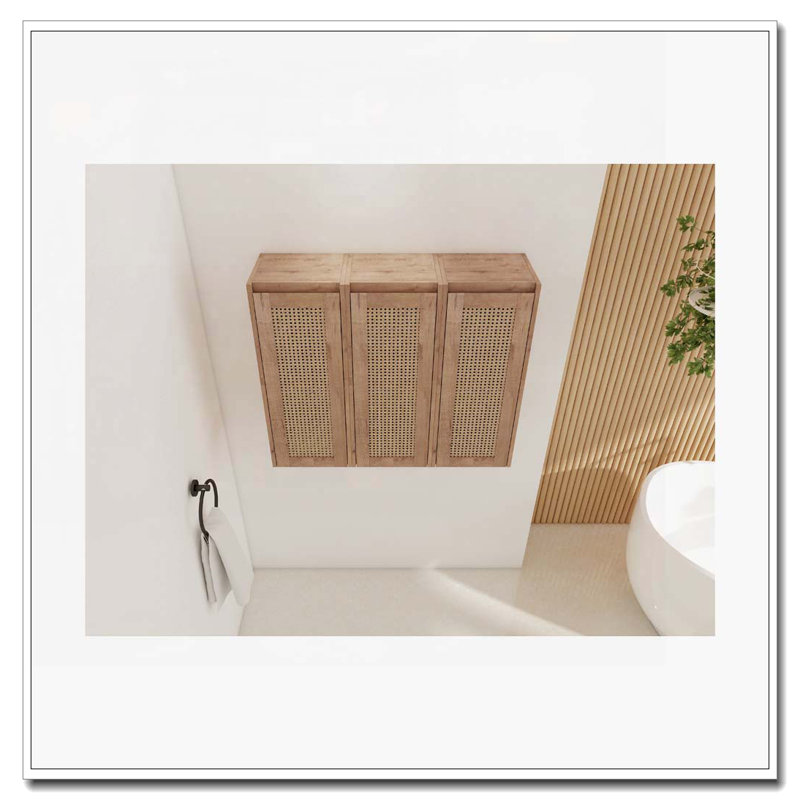 Armoire de salle de bain en rotin, portes à fermeture douce, conception à fixation flottante
