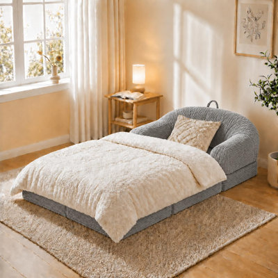 Folding Sofa Bed, Faux Fur Convertible Floor Couch with Handle | Shell shaped backrest, pre filled cushion feel, carry handle, no setup steps