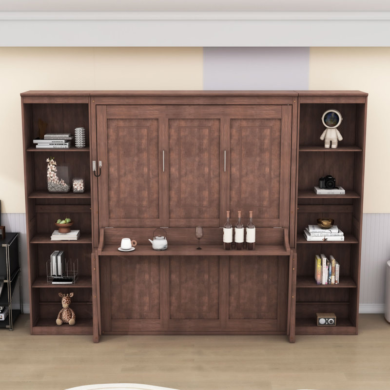 Lit escamotable en bois avec bureau intégré et bibliothèque de rangement, Grand lit