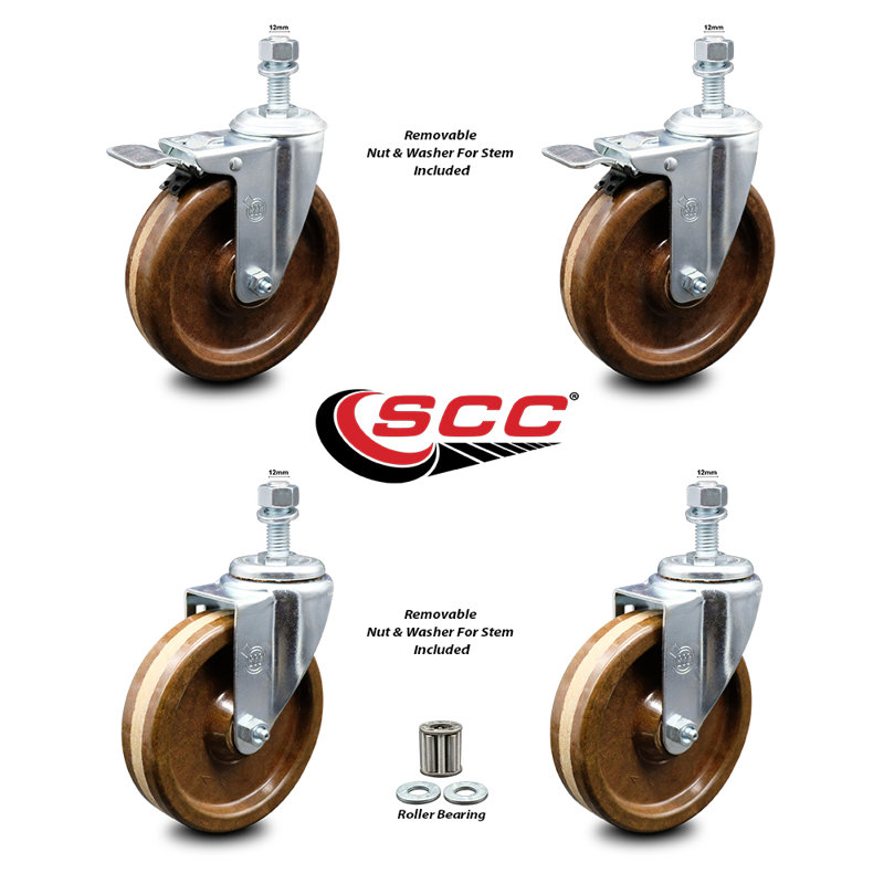 Ensemble de roulettes à tige pivotantes à haute température de 5 pouces, 12 mm et 2 freins à verrouillage total SCC