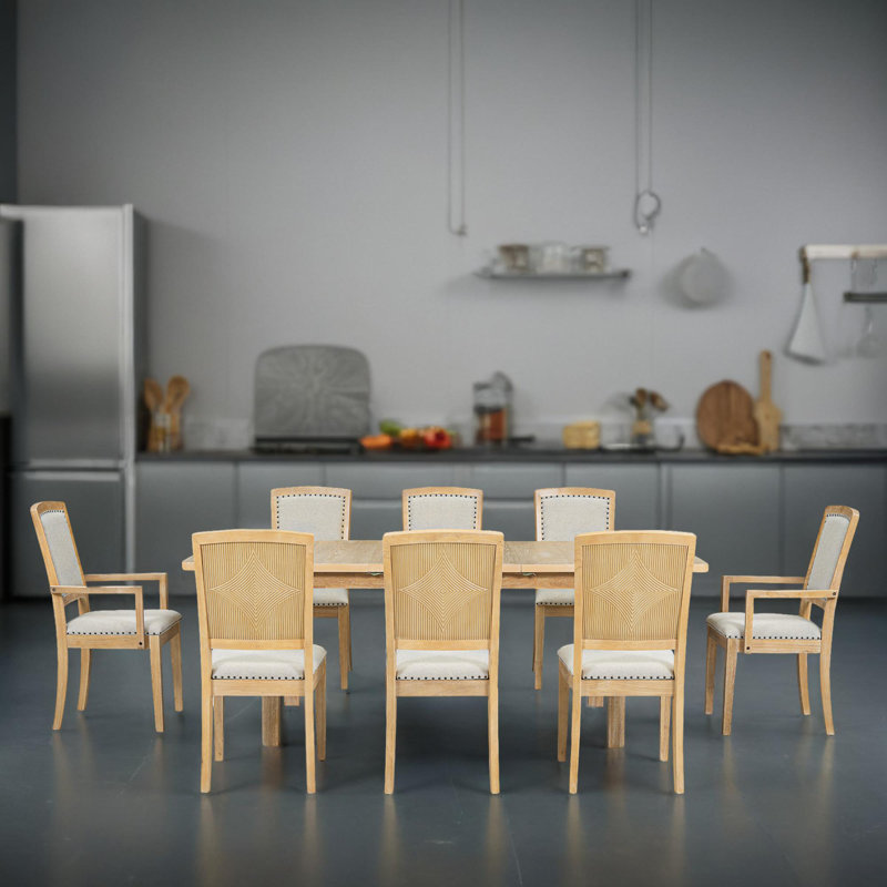 Ensemble de salle à manger extensible en bois massif 9 pièces Deen, Naturel