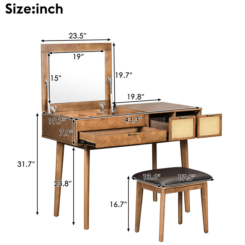 Meuble-lavabo classique en bois brun 43,3 po avec miroir rabattable, tabouret et trois tiroirs, Brown