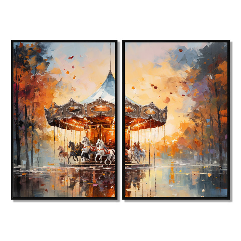 Carousel in Sunset Charm - art mural sur toile beige, H 36 po x l 48 po, Reproduction encadrée sans passe-partout, Noir