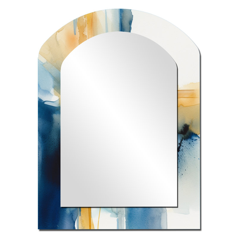 Blue and Gold Fusion IV - Fractals Asymmetrical Decorative Wall Mirror, Modern Arch Mirror, Printed Metal Art, 34" x 25"