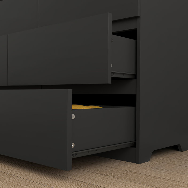 12 Drawers Double Dresser, Modern Wood Dresser Chest Of Drawers With Large Storage Space For Bedroom, Black, Black
