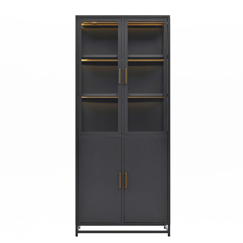 76.75'' Tall Display Cabinet With Glass Doors And LED Lights, Black