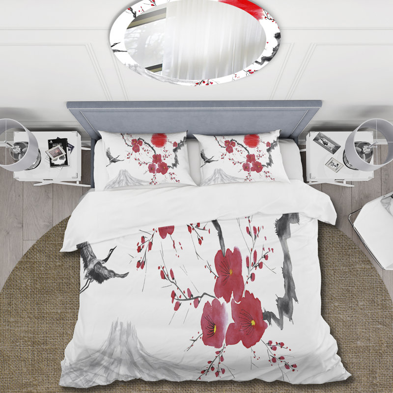 Fleurs de prunier roses et rouges II - ensemble de housse de couette traditionnel - microfibre de polyester