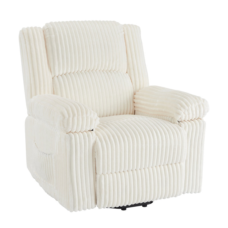 Corduroy Recliner Chair, Manual Recliner Sofa with Handle, Pillow Top Arms, Thick Padding, Side Pocket, White