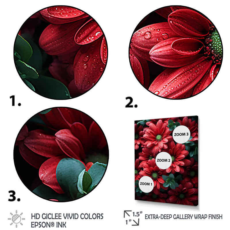 Rouge et vert Dahlia Bouquet Harmony IV - marguerites, art mural, Cadre flottant blanc, H 44 po x l 34 po