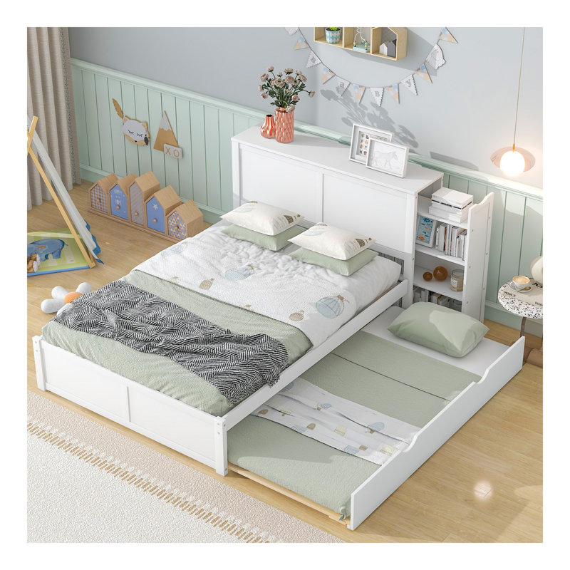 Lit plateforme double avec rangement et tablettes gigognes, blanc